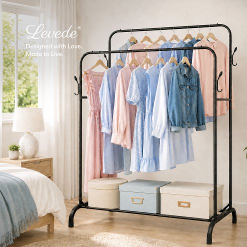 Levede Clothes Rail Heavy Duty 2 Rods Carbon Steel Rack with Shelf Bedroom Black