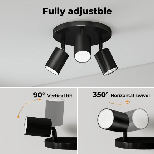 EMITTO 3-Way Spotlight Ceiling Light Adjustable GU10 Modern Black Round Base