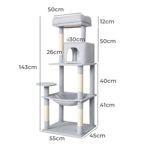Skylos 143cm Cat Tree Multilevel Scratching Post Climbing Tower Activity Centre