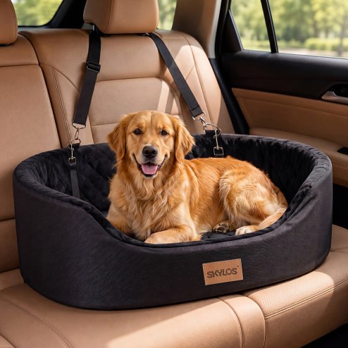 Skylos Dog Car Seat Large Booster Bed for Cars Travel SUV Black Soft Oxford