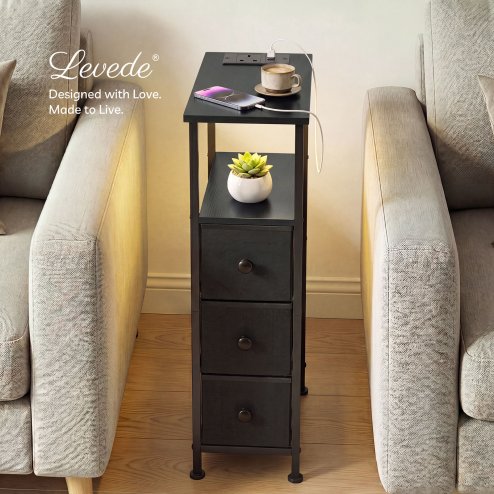 Levede Slim Bedside Table with Charging Station 3 Drawers for Bedroom Black