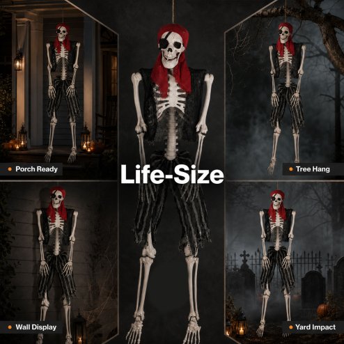 Yezi Halloween Skeleton Life Size Pirate Decor 166cm PE Plastic White