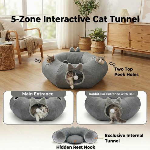Skylos Foldable Cat Tunnel Bed Interactive Donut Toy for Indoor Cats Kittens