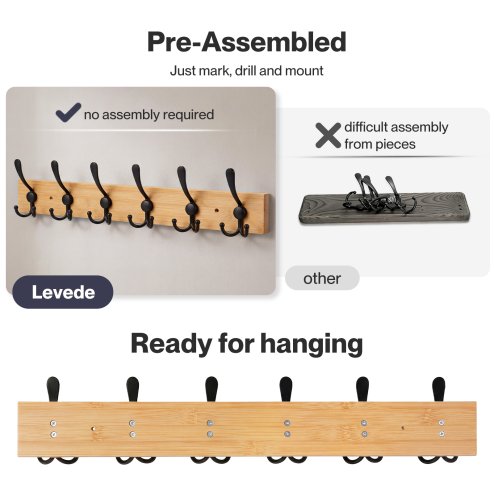 Levede Coat Rack Wall Mounted 6 Triple Hooks Holds Coats & Bags, Hallway Bamboo