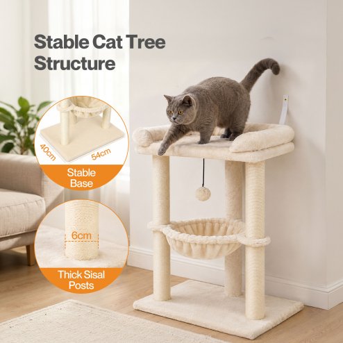 Skylos Cat Tree Tower Bed with Hammock Ball Scratching Post Large Perch Beige