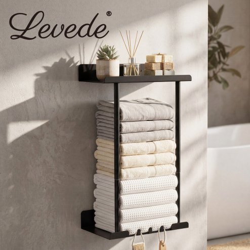 Levede Towel Rack Adjustable No Drilling Towel Holder Storage Wall Mounted Black