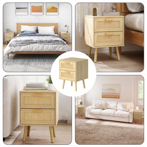 Levede Bedside Table Rattan 2 Pack Drawers Nightstand End Table Bedroom Bamboo