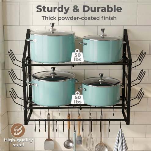 TOQUE Pot Rack Kitchen Storage Organiser Shelf Pan Rack 20 Hooks Lid Holders