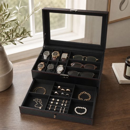 Watch Box Watch Storage Jewelry Box 2 Layer Glass Lid Lockable Display Black