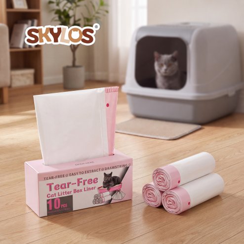 Skylos Cat Litter Bags XL for Standard Trays Heavy Duty Drawstring 30pc Pink