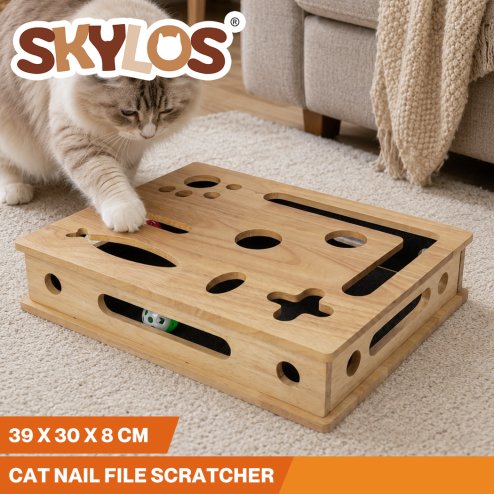 Skylos Cat Nail File Scratcher Large Solid Wood with Toy Balls for Indoor Cats