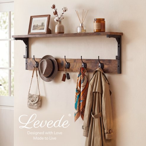 Levede Coat Rack Wall Mounted Shelf 7 Hooks Heavy Duty Entryway Storage Brown