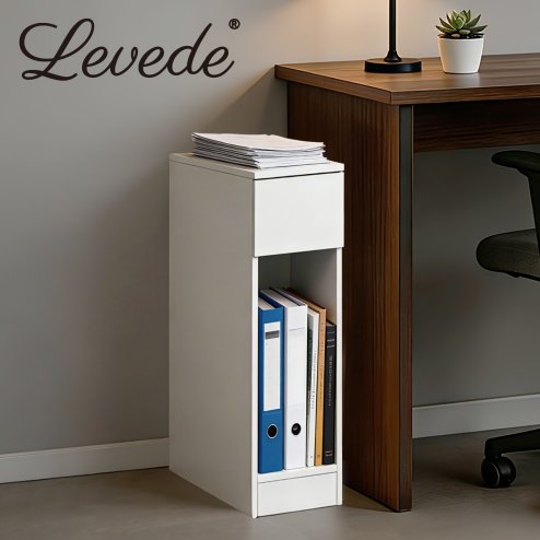 Levede Bedside Table Cabinet Narrow Slim Side Cabinet White Drawer Open Shelf