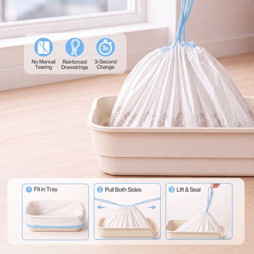 Skylos Cat Litter Bags Drawstring Tear Resistant 120 Pack Auto Litter Tray Blue