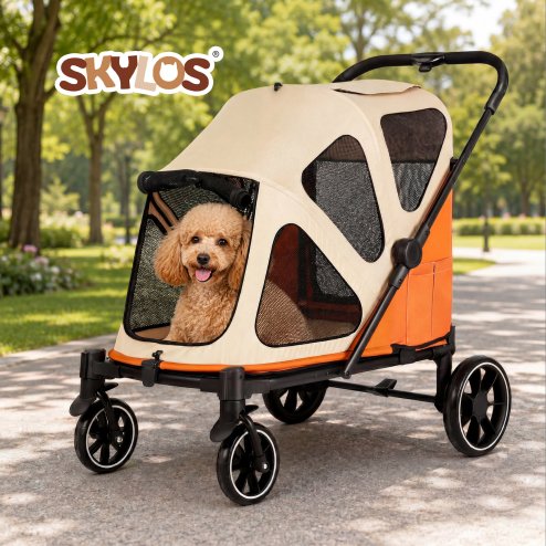 Skylos Dog Pram Stroller Foldable Pet Pushchair with Brake Suspension Orange