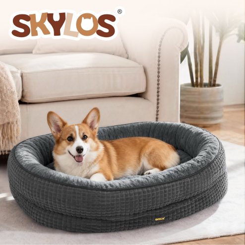 Skylos Orthopedic Plush Dog Bed Soft Washable Pet Bed Grey Cosy Cushion L Size
