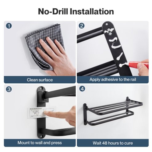 Levede Towel Holder with 2 Bars Wall Mounted No Drill Bathroom Shelf Black