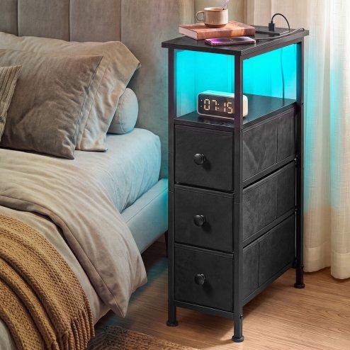 Levede Slim Bedside Table with Charging Station 3 Drawers for Bedroom Black