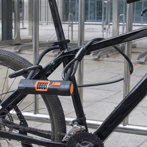 Bike Lock Combination, D Lock with Cable, 4 Digit Alloy Steel, Black Orange