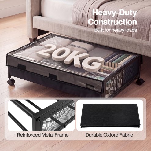 Levede Under Bed Storage Box with Lid Wheels,48L ,Metal Frame,Black