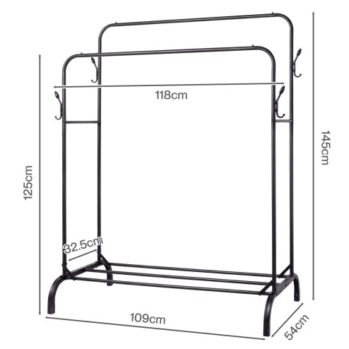 Levede Clothes Rail Heavy Duty 2 Rods Carbon Steel Rack with Shelf Bedroom Black
