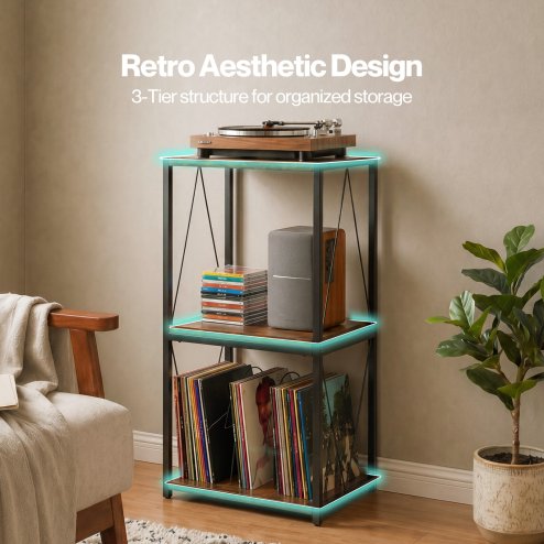 Levede Retro Record Player Stand 3 Tier Storage for Vinyl Records Brown