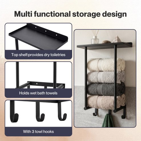 Levede Towel Rack Wall Mounted Shelf Bathroom Storage Holder with Hooks Black