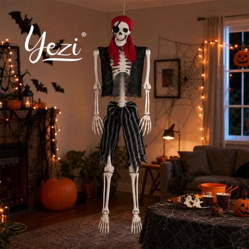 Yezi Halloween Skeleton Life Size Pirate Decor 166cm PE Plastic White