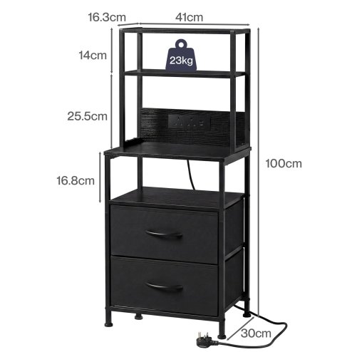 Levede Bedside Table with Charging Station,LED Light 2 Drawers Storage Black