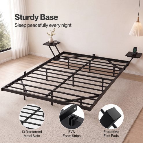 Levede Double Bed Frame Floating Design with Storage Shelves RGB Lights Black