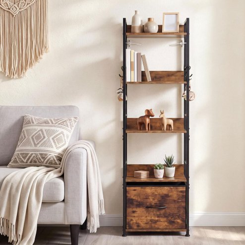 Levede Bookcase Drawer 5 Tier Slim Book Shelf Storage Unit Living Room Brown