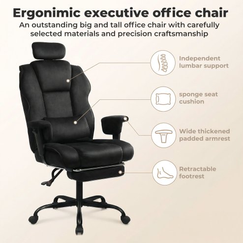 Executive Ergonomic Office Chair Suede Fabric Wide Seat 155?? Recline Footrest