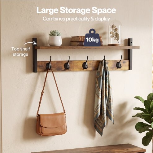Levede Coat Rack Wall Mounted Wooden Hooks Hangers Storage Shelf 2 Pack Brown