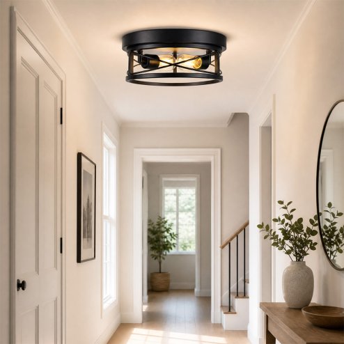 Emitto Ceiling Lights E27 Metal Cage Adjustable Heads Kitchen Fixture Black