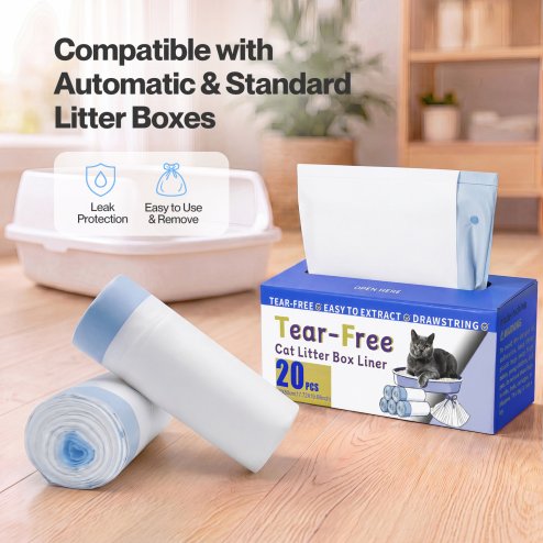 Skylos Cat Litter Bags Auto Scoop Bin Liners Heavy Duty Drawstring 40 Pack Blue