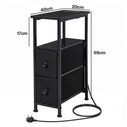 Levede Bedside Table Narrow Side Table with LED Charging Station Storage Black