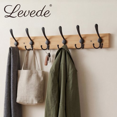 Levede Coat Rack Wall Mounted 6 Triple Hooks Holds Coats & Bags, Hallway Bamboo