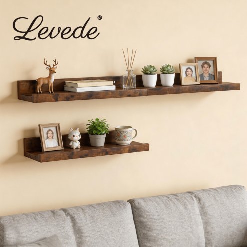 Levede Wall Shelves Set of 3 Floating Shelves High Edges For Living Room Brown
