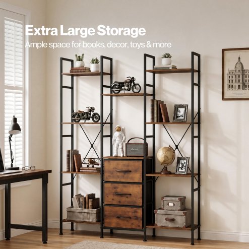 Levede Book Shelves 10 Open 3 Fabric Drawers Tall Storage Unit for Office Brown