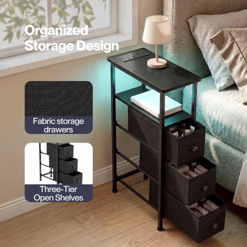 Levede Slim Bedside Table with Charging Station 3 Drawers for Bedroom Black