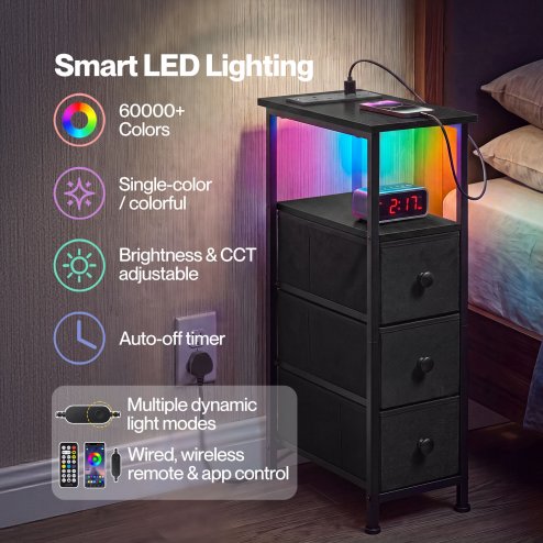 Levede Slim Bedside Table with Charging Station 3 Drawers for Bedroom Black