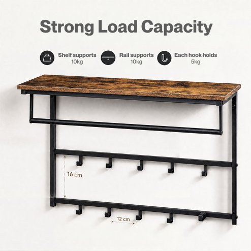 Levede Coat Rack Wall Mounted 10kg Wooden Shelf Hooks Hanger Storage Metal Brown