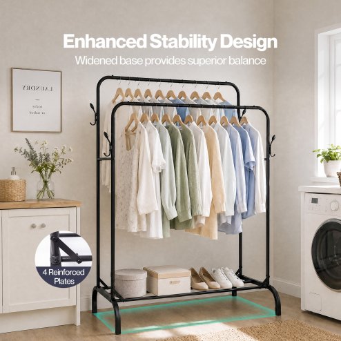 Levede Clothes Rail Heavy Duty 2 Rods Carbon Steel Rack with Shelf Bedroom Black