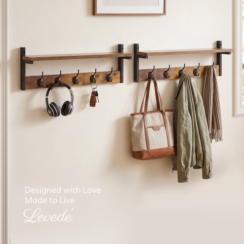 Levede Coat Rack Wall Mounted Wooden Hooks Hangers Storage Shelf 2 Pack Brown