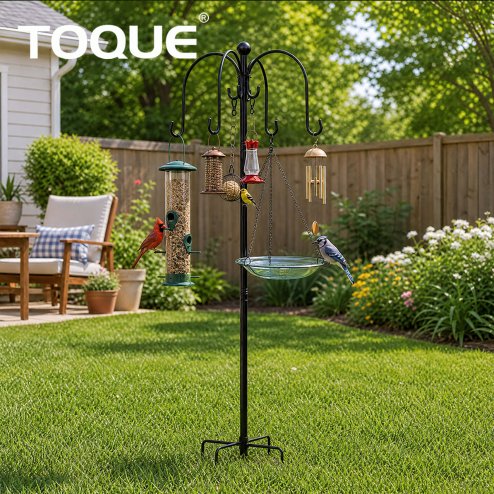 TOQUE Bird Feeding Station Outdoor Garden Shepherd Hook Adjustable Stand Black