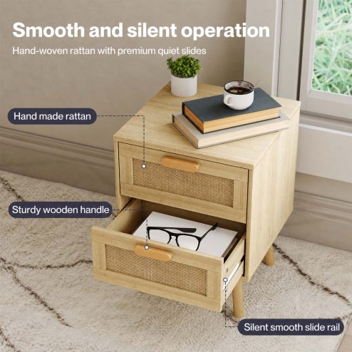 Levede Bedside Table Rattan 2 Pack Drawers Nightstand End Table Bedroom Bamboo