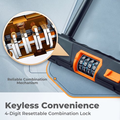Bike Lock Combination, D Lock with Cable, 4 Digit Alloy Steel, Black Orange