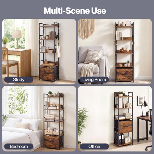 Levede Bookcase Drawer 5 Tier Slim Book Shelf Storage Unit Living Room Brown