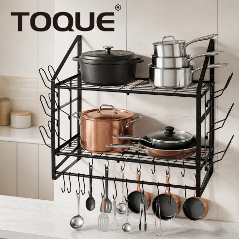 TOQUE Pot Rack Kitchen Storage Organiser Shelf Pan Rack 20 Hooks Lid Holders