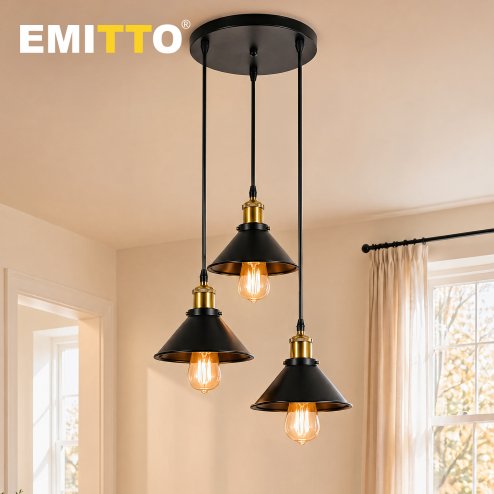 Emitto Pendant Light 3 Lights Height Adjustable Vintage Ceiling Light Black